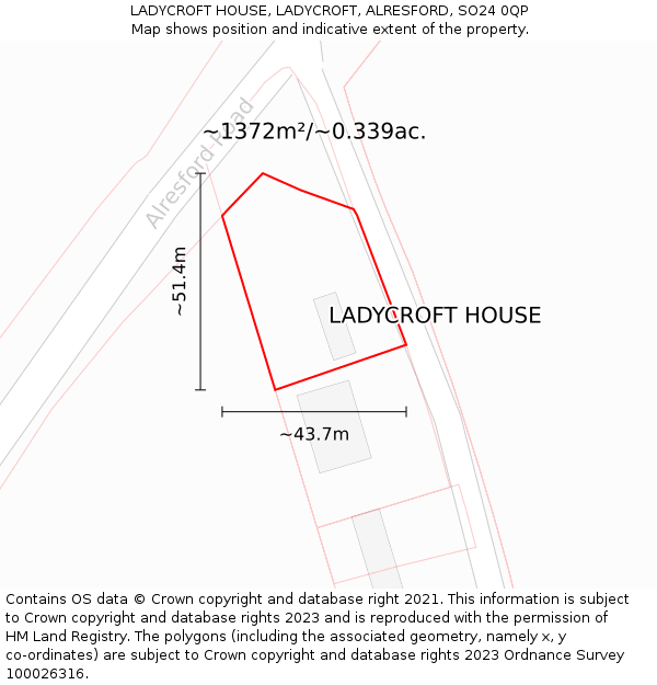 LADYCROFT HOUSE, LADYCROFT, ALRESFORD, SO24 0QP: Plot and title map