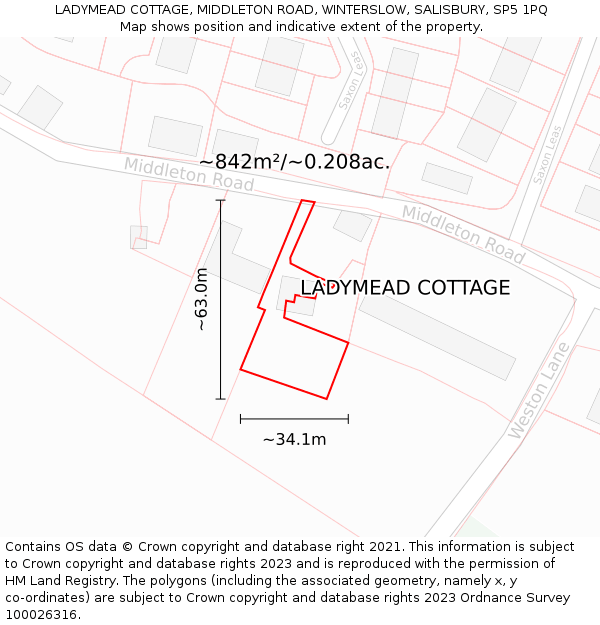 LADYMEAD COTTAGE, MIDDLETON ROAD, WINTERSLOW, SALISBURY, SP5 1PQ: Plot and title map
