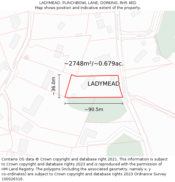 LADYMEAD, PUNCHBOWL LANE, DORKING, RH5 4ED: Plot and title map