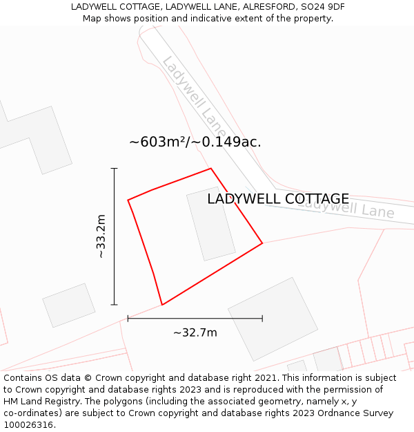 LADYWELL COTTAGE, LADYWELL LANE, ALRESFORD, SO24 9DF: Plot and title map