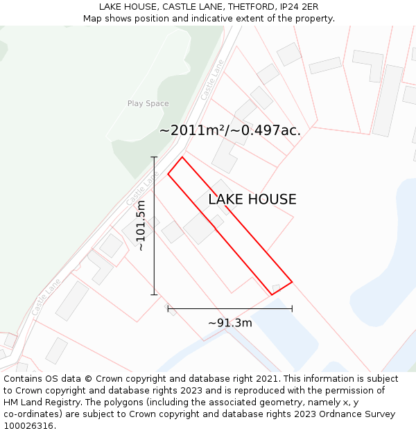 LAKE HOUSE, CASTLE LANE, THETFORD, IP24 2ER: Plot and title map