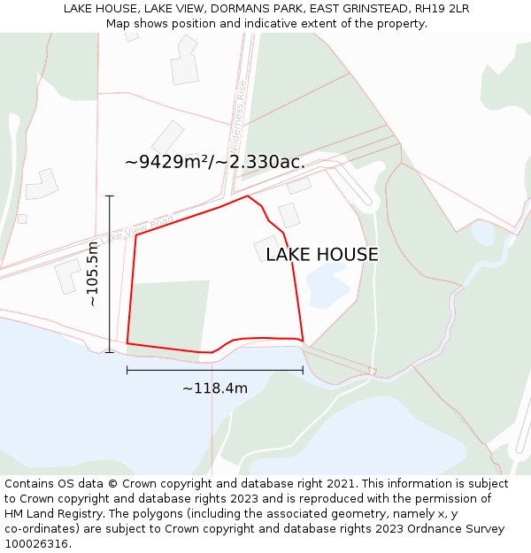 LAKE HOUSE, LAKE VIEW, DORMANS PARK, EAST GRINSTEAD, RH19 2LR: Plot and title map