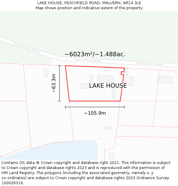 LAKE HOUSE, PEACHFIELD ROAD, MALVERN, WR14 3LE: Plot and title map