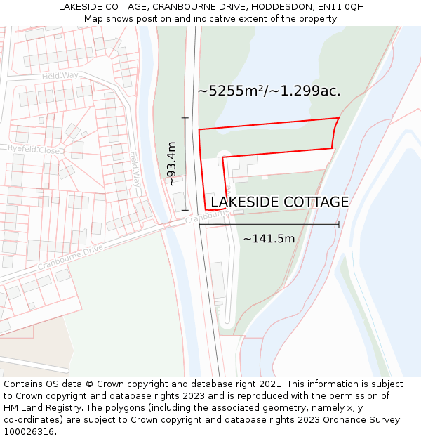 LAKESIDE COTTAGE, CRANBOURNE DRIVE, HODDESDON, EN11 0QH: Plot and title map