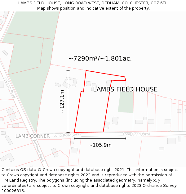 LAMBS FIELD HOUSE, LONG ROAD WEST, DEDHAM, COLCHESTER, CO7 6EH: Plot and title map