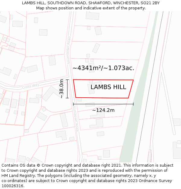 LAMBS HILL, SOUTHDOWN ROAD, SHAWFORD, WINCHESTER, SO21 2BY: Plot and title map