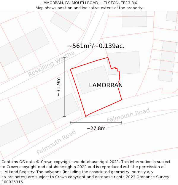 LAMORRAN, FALMOUTH ROAD, HELSTON, TR13 8JX: Plot and title map