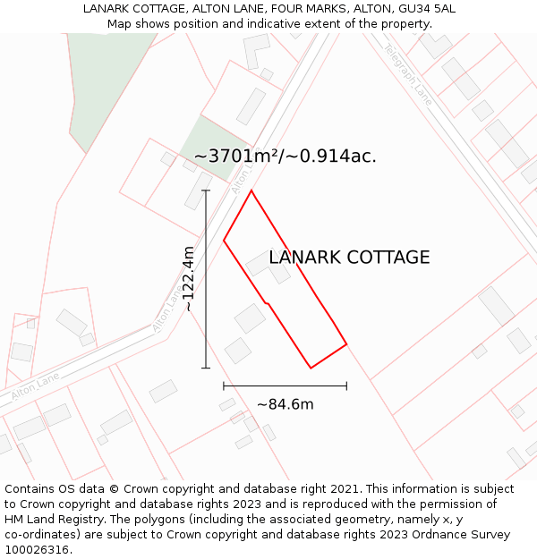 LANARK COTTAGE, ALTON LANE, FOUR MARKS, ALTON, GU34 5AL: Plot and title map