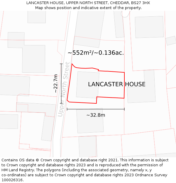 LANCASTER HOUSE, UPPER NORTH STREET, CHEDDAR, BS27 3HX: Plot and title map