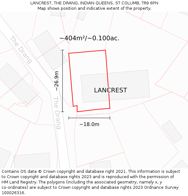 LANCREST, THE DRANG, INDIAN QUEENS, ST COLUMB, TR9 6PN: Plot and title map