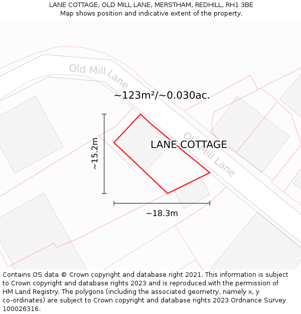 LANE COTTAGE, OLD MILL LANE, MERSTHAM, REDHILL, RH1 3BE: Plot and title map