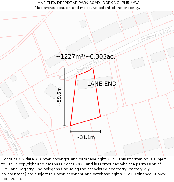 LANE END, DEEPDENE PARK ROAD, DORKING, RH5 4AW: Plot and title map