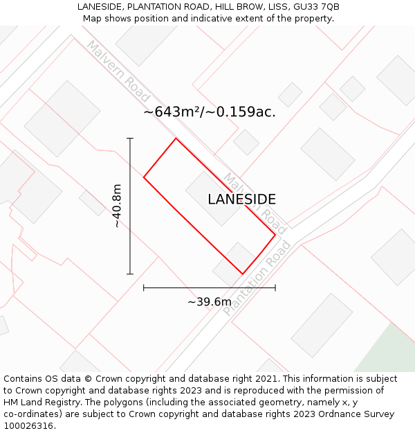 LANESIDE, PLANTATION ROAD, HILL BROW, LISS, GU33 7QB: Plot and title map