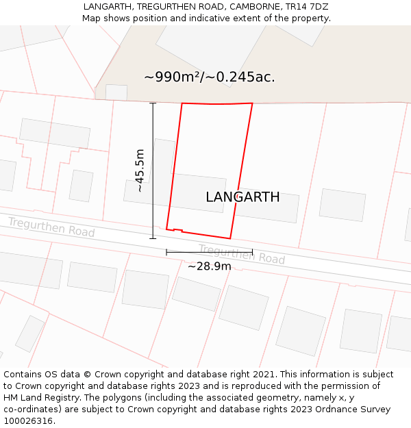 LANGARTH, TREGURTHEN ROAD, CAMBORNE, TR14 7DZ: Plot and title map