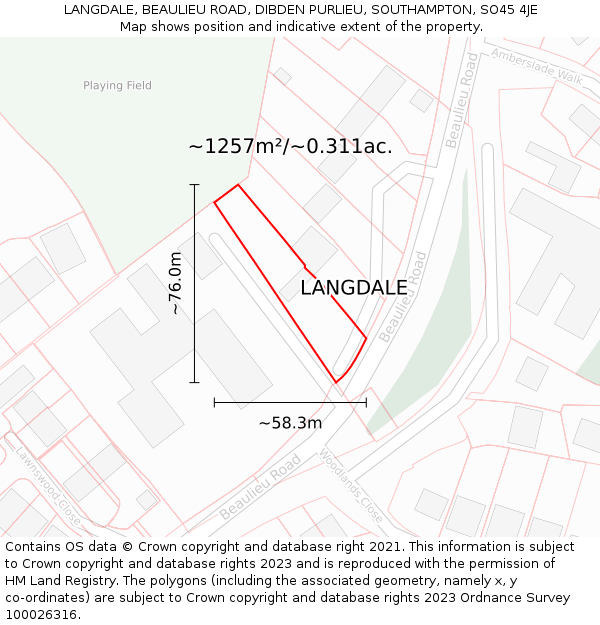 LANGDALE, BEAULIEU ROAD, DIBDEN PURLIEU, SOUTHAMPTON, SO45 4JE: Plot and title map