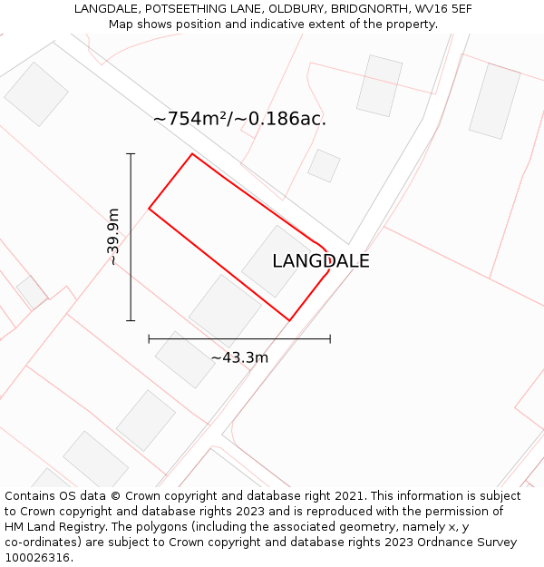 LANGDALE, POTSEETHING LANE, OLDBURY, BRIDGNORTH, WV16 5EF: Plot and title map