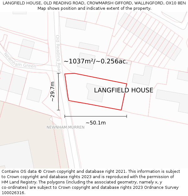 LANGFIELD HOUSE, OLD READING ROAD, CROWMARSH GIFFORD, WALLINGFORD, OX10 8EN: Plot and title map