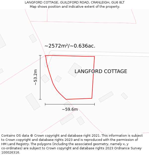 LANGFORD COTTAGE, GUILDFORD ROAD, CRANLEIGH, GU6 8LT: Plot and title map