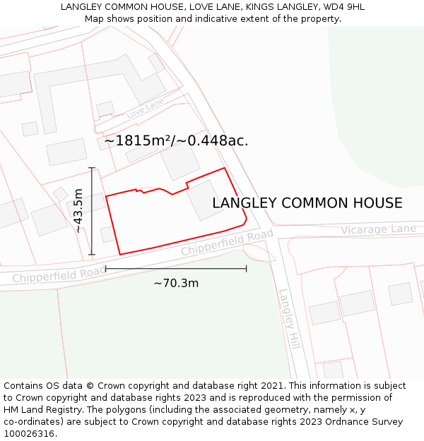LANGLEY COMMON HOUSE, LOVE LANE, KINGS LANGLEY, WD4 9HL: Plot and title map