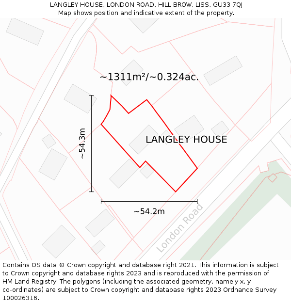 LANGLEY HOUSE, LONDON ROAD, HILL BROW, LISS, GU33 7QJ: Plot and title map