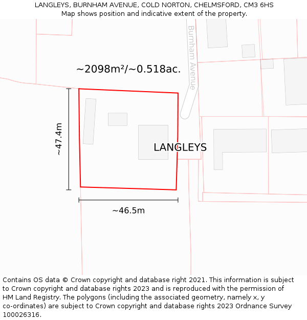 LANGLEYS, BURNHAM AVENUE, COLD NORTON, CHELMSFORD, CM3 6HS: Plot and title map