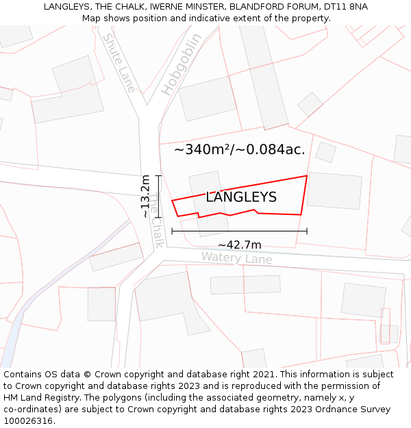 LANGLEYS, THE CHALK, IWERNE MINSTER, BLANDFORD FORUM, DT11 8NA: Plot and title map