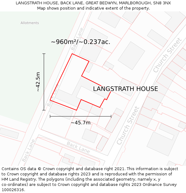 LANGSTRATH HOUSE, BACK LANE, GREAT BEDWYN, MARLBOROUGH, SN8 3NX: Plot and title map