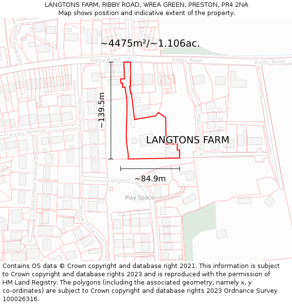 LANGTONS FARM, RIBBY ROAD, WREA GREEN, PRESTON, PR4 2NA: Plot and title map