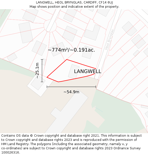 LANGWELL, HEOL BRYNGLAS, CARDIFF, CF14 6UJ: Plot and title map