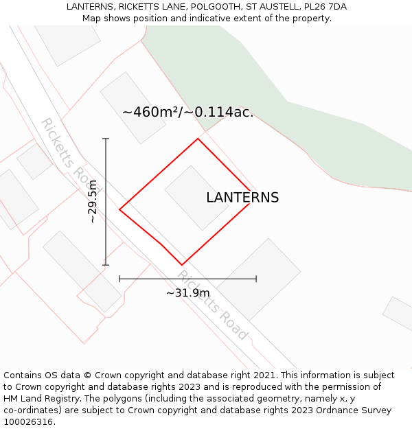 LANTERNS, RICKETTS LANE, POLGOOTH, ST AUSTELL, PL26 7DA: Plot and title map