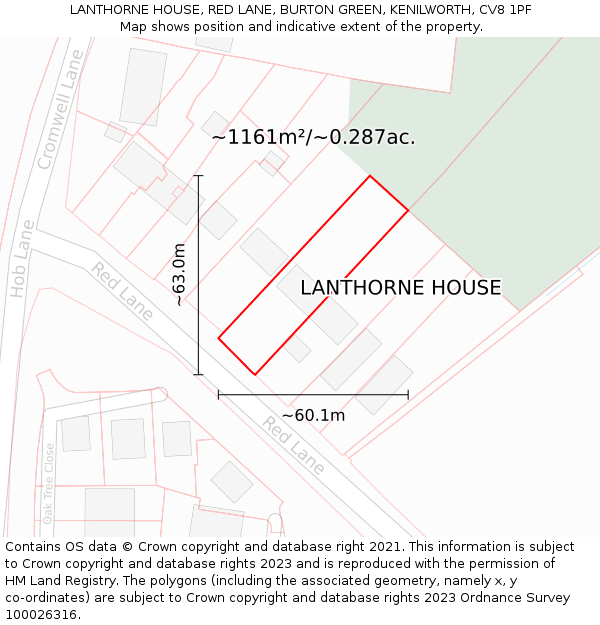 LANTHORNE HOUSE, RED LANE, BURTON GREEN, KENILWORTH, CV8 1PF: Plot and title map