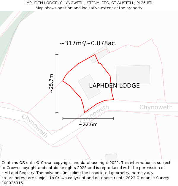 LAPHDEN LODGE, CHYNOWETH, STENALEES, ST AUSTELL, PL26 8TH: Plot and title map