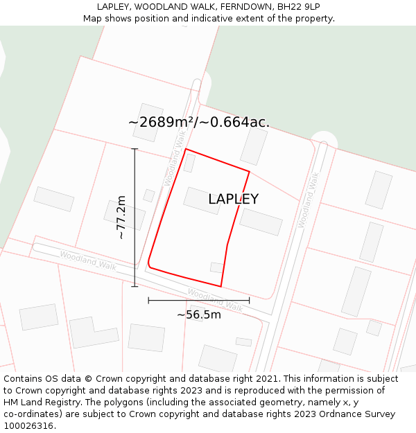 LAPLEY, WOODLAND WALK, FERNDOWN, BH22 9LP: Plot and title map