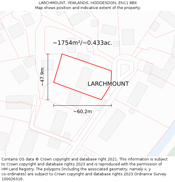 LARCHMOUNT, YEWLANDS, HODDESDON, EN11 8BX: Plot and title map
