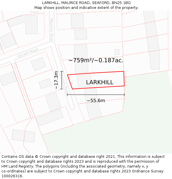 LARKHILL, MAURICE ROAD, SEAFORD, BN25 1BG: Plot and title map
