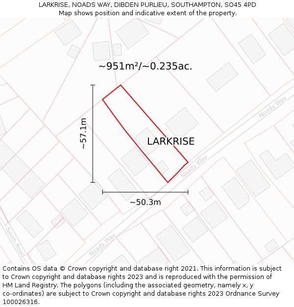 LARKRISE, NOADS WAY, DIBDEN PURLIEU, SOUTHAMPTON, SO45 4PD: Plot and title map