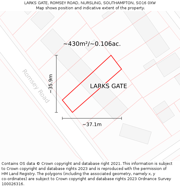 LARKS GATE, ROMSEY ROAD, NURSLING, SOUTHAMPTON, SO16 0XW: Plot and title map