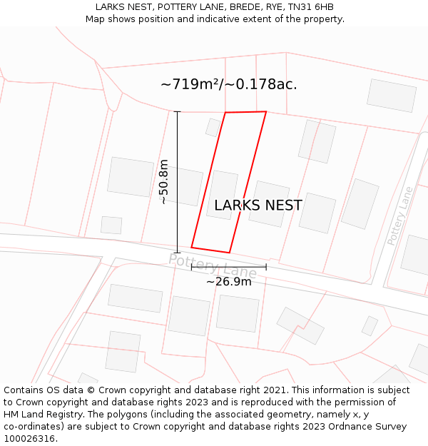 LARKS NEST, POTTERY LANE, BREDE, RYE, TN31 6HB: Plot and title map