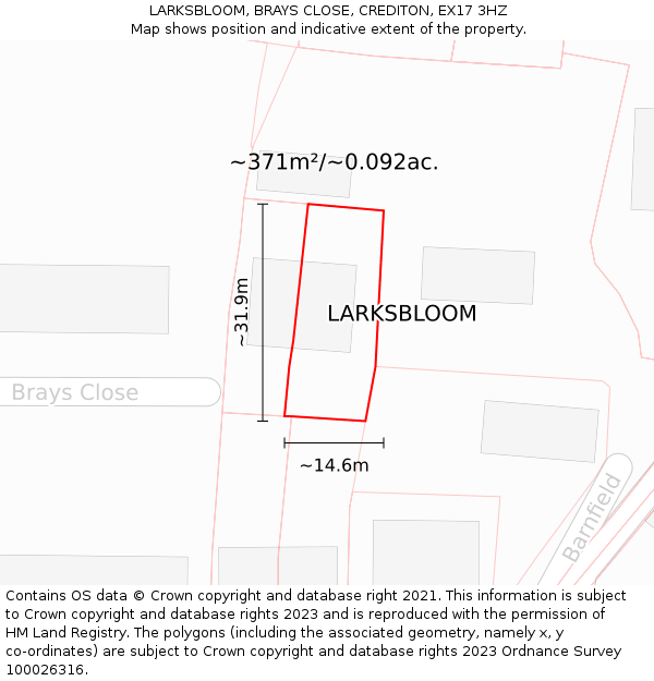 LARKSBLOOM, BRAYS CLOSE, CREDITON, EX17 3HZ: Plot and title map