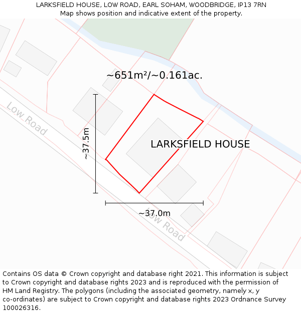 LARKSFIELD HOUSE, LOW ROAD, EARL SOHAM, WOODBRIDGE, IP13 7RN: Plot and title map