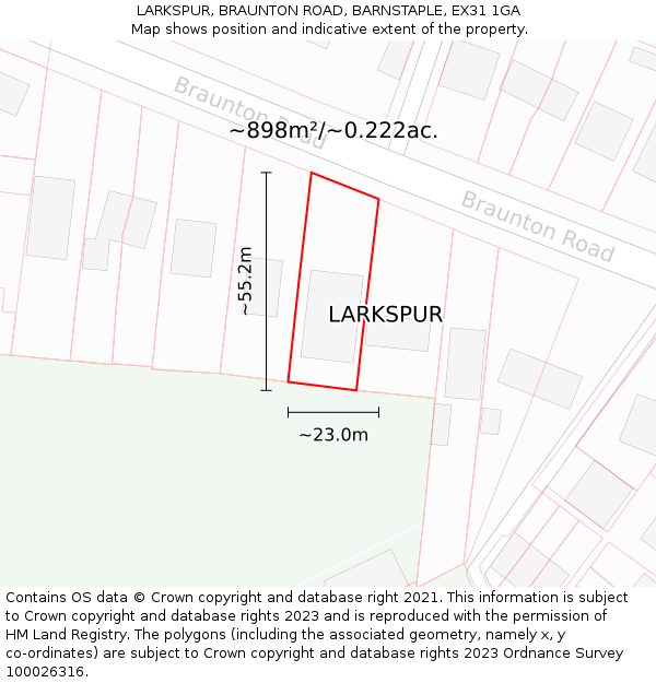 LARKSPUR, BRAUNTON ROAD, BARNSTAPLE, EX31 1GA: Plot and title map