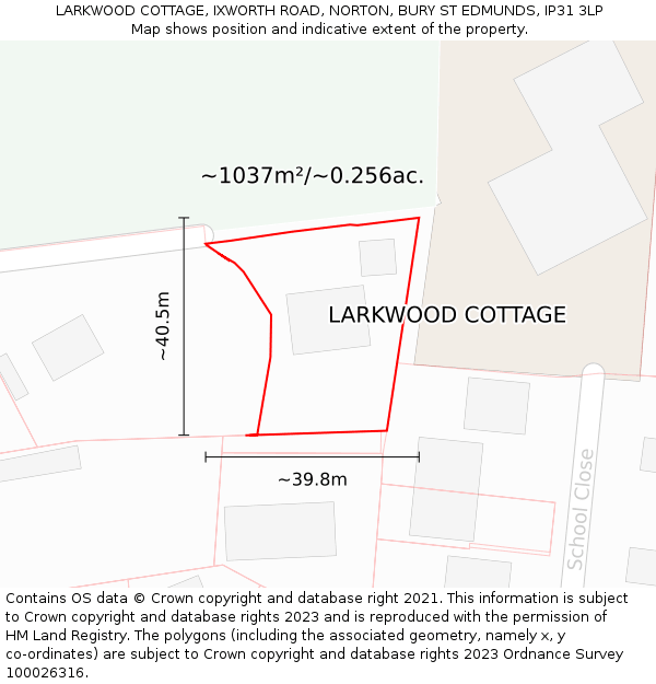 LARKWOOD COTTAGE, IXWORTH ROAD, NORTON, BURY ST EDMUNDS, IP31 3LP: Plot and title map