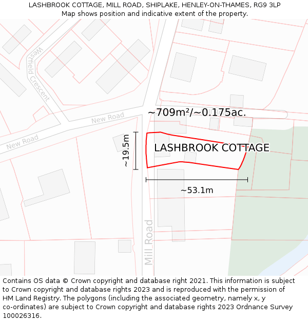 LASHBROOK COTTAGE, MILL ROAD, SHIPLAKE, HENLEY-ON-THAMES, RG9 3LP: Plot and title map