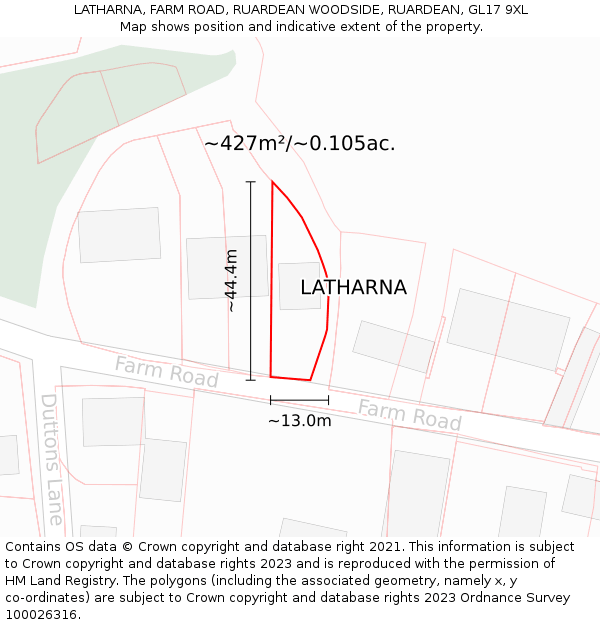 LATHARNA, FARM ROAD, RUARDEAN WOODSIDE, RUARDEAN, GL17 9XL: Plot and title map