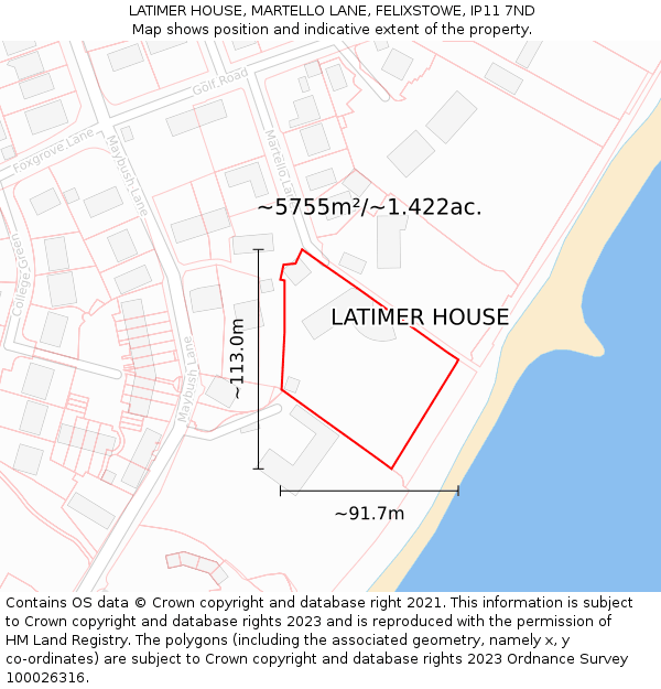 LATIMER HOUSE, MARTELLO LANE, FELIXSTOWE, IP11 7ND: Plot and title map