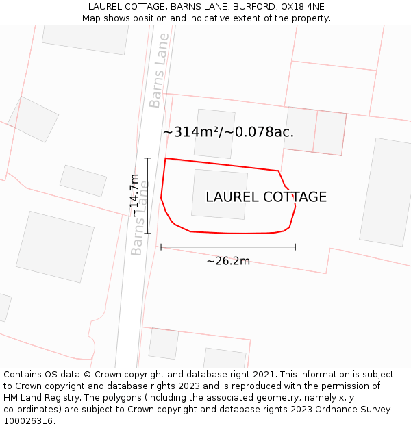 LAUREL COTTAGE, BARNS LANE, BURFORD, OX18 4NE: Plot and title map