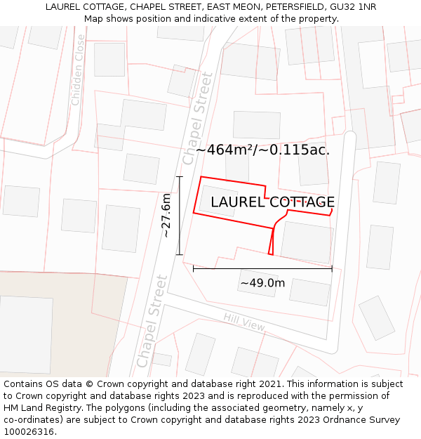 LAUREL COTTAGE, CHAPEL STREET, EAST MEON, PETERSFIELD, GU32 1NR: Plot and title map