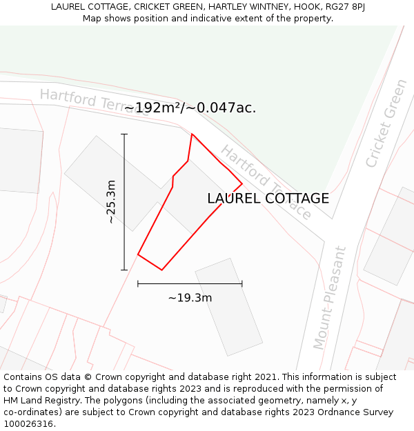 LAUREL COTTAGE, CRICKET GREEN, HARTLEY WINTNEY, HOOK, RG27 8PJ: Plot and title map