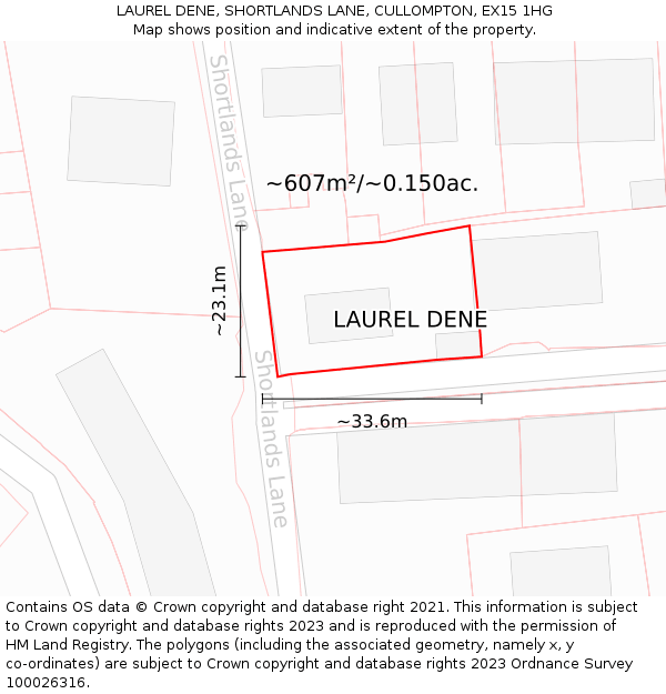 LAUREL DENE, SHORTLANDS LANE, CULLOMPTON, EX15 1HG: Plot and title map