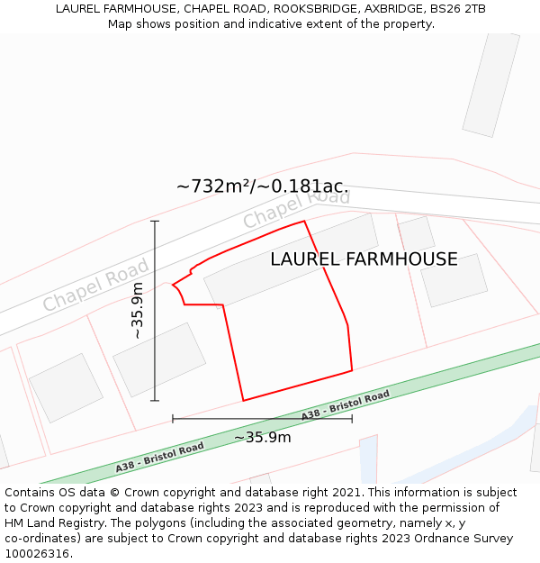 LAUREL FARMHOUSE, CHAPEL ROAD, ROOKSBRIDGE, AXBRIDGE, BS26 2TB: Plot and title map